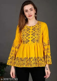 Yellow rayon print tunic with three-quarter sleeves, stylish glamorous women's party wear top from SKH India