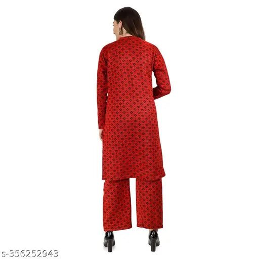 Blooms in Winter Women's Floral Print Woolen Kurta & Palazzo Ensemble - vibrant floral prints on wool fabric, perfect winter wardrobe essential with three-quarter sleeves and versatile palazzo pants. Pack of 2 sizes: L (Bust 40in), XL (Bust 42in), XXL (Bust 43in)