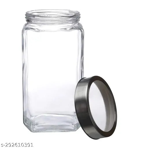 Airtight, transparent glass jars (1Ltr), cube shape for kitchen storage - set of 6
