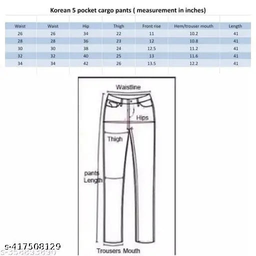 Black, cotton cargo pants with 5 pockets, measurement chart in background