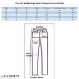 Black, cotton cargo pants with 5 pockets, measurement chart in background