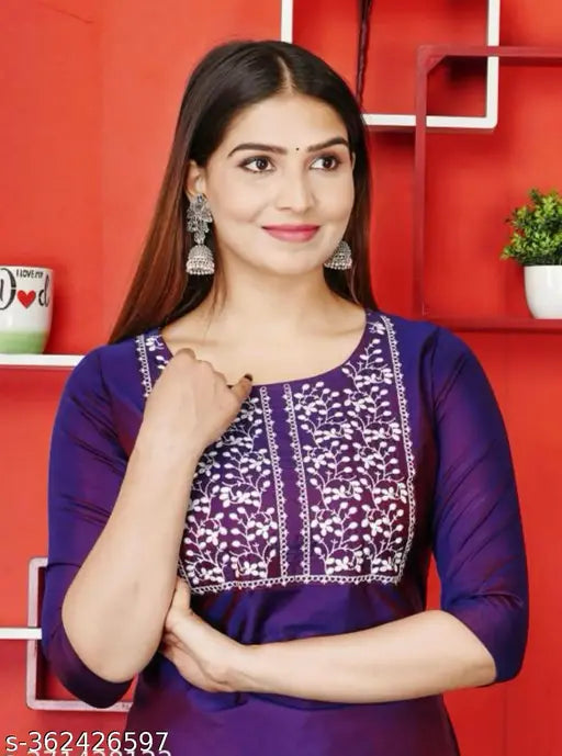 Art Silk purple embroidered kurti for women, three-quarter sleeves, India origin