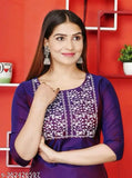 Art Silk purple embroidered kurti for women, three-quarter sleeves, India origin