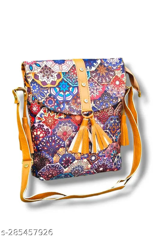 Stylish fabric sling bag for women, colorful paisley design, adjustable shoulder strap, multiple pockets