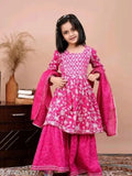 Bright printed rayon-cotton Kurti-sharara-dupatta set with heavy Gota lace, suitable for 7-8 years. Traditional ethnic attire for little princesses