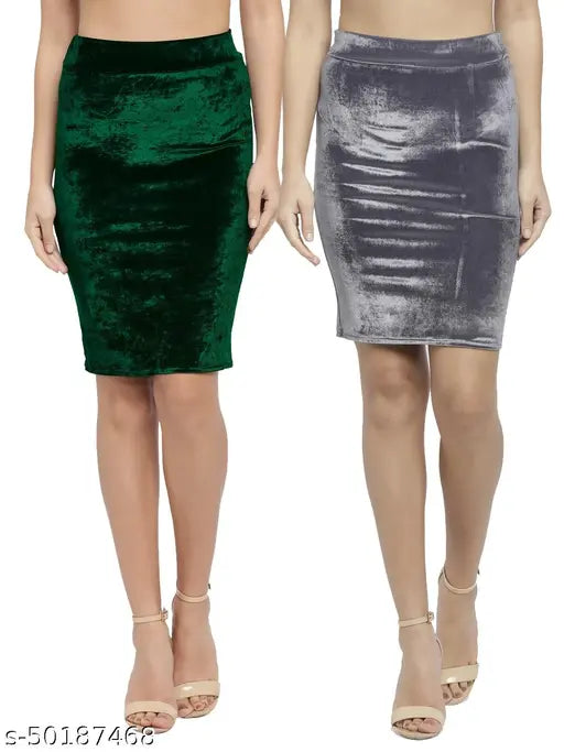 Green-Grey Velvet high waist pencil skirt combo for versatile styles, perfect for office, dates, or parties. Comfortable elastic waistband and back slit. Made in India