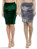 Green-Grey Velvet high waist pencil skirt combo for versatile styles, perfect for office, dates, or parties. Comfortable elastic waistband and back slit. Made in India