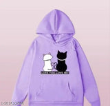 Fleece long sleeves women's hoodie with stylish cat prints, solid color, size XS-XL, origin India