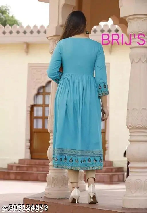 Charvi Ensemble printed rayon kurta, long-sleeved, festive design for girls and women. Indian Rayon kurti with 3/4 sleeves and 44" length