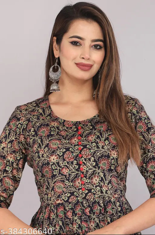 Rayon printed long Anarkali kurta with three-quarter sleeves, floral pattern, India-made fashion for women's wardrobe