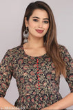 Rayon printed long Anarkali kurta with three-quarter sleeves, floral pattern, India-made fashion for women's wardrobe