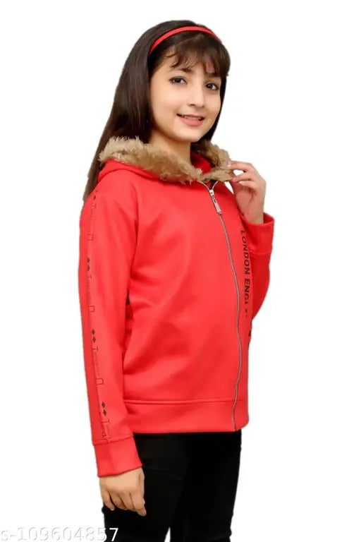 Red faux fur trimmed girls jacket, hooded, zip closure