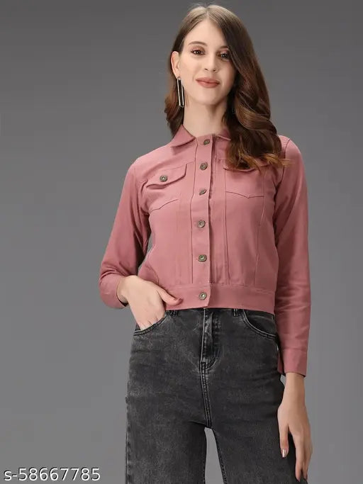 Cotton blend solid women's jacket, long sleeves, denim fabric, elegant closure - Akacy full sleeve jacket for women (India)