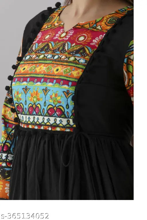 Rayon A Line Printed Anarkali Kurti for women, three-quarter sleeves, Indian fashion print on solid kurti