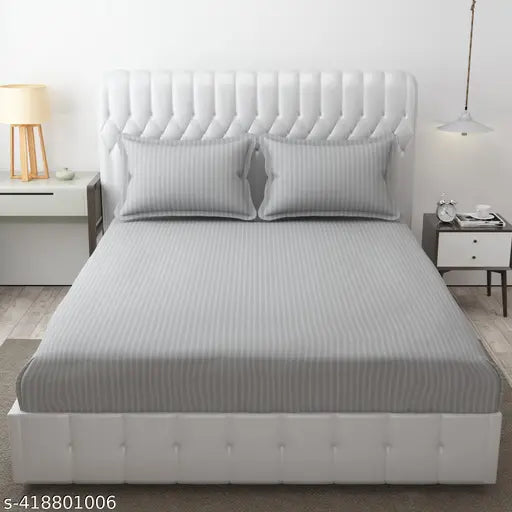 Premium glace cotton double bedsheet with stripes, breathable, stain resistant, and hypoallergenic. White fitted sheet with 2 pillow covers, ideal for summer use in homes or hotels