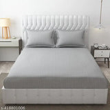 Premium glace cotton double bedsheet with stripes, breathable, stain resistant, and hypoallergenic. White fitted sheet with 2 pillow covers, ideal for summer use in homes or hotels