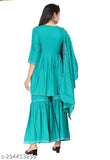 Mint green rayon womens kurta with sharara set and dupatta, long sleeves, side pockets