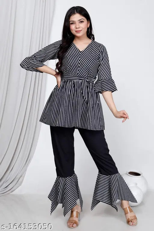 Striped cotton kurta set with crepe palazzos, three-quarter sleeves - Indian Indo western fashion