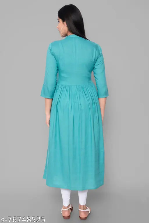 Rayon embroidered women's long Kurta, festive Anarkali style with three-quarter sleeves, India origin