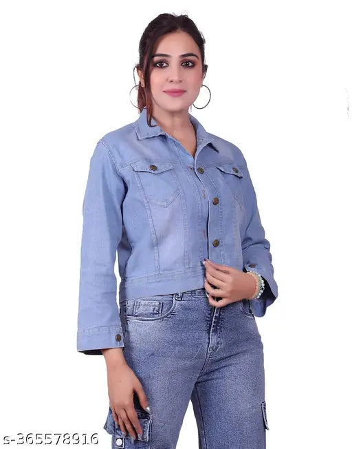 Light blue denim women's jacket, sturdy & durable, long sleeves, solid pattern, machine washable