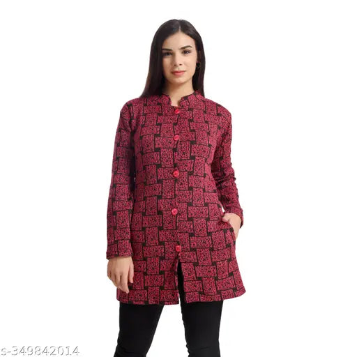 Multi-colored women's woolen kurta and cardigan set, featuring vibrant red, blue, and green patterns, in a pack of two