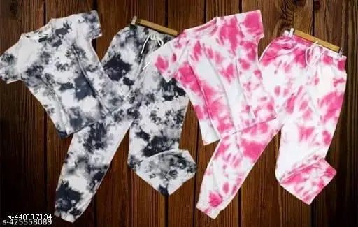 Trending poly crepe night dress combo (S-XL), short-sleeved, dyed/washed net design, women's loungewear set from India