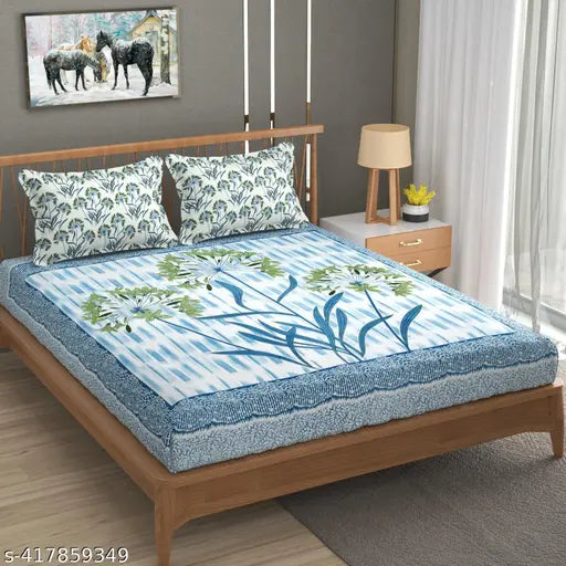 Glace cotton, botanical print, superfine elastic fitted King size bedsheet & 2 pillow covers up to 8 inches mattress, ideal for summer use