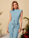 Classy new launch polyester self-belted mock-neck ruffle cuff jumpsuit in solid color, suitable for evening events