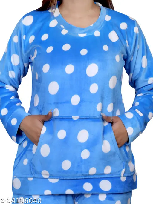 Blue Woolen Velvet Pajama Set by NACNO, round neck, full sleeve, polka dots design, hand wash only