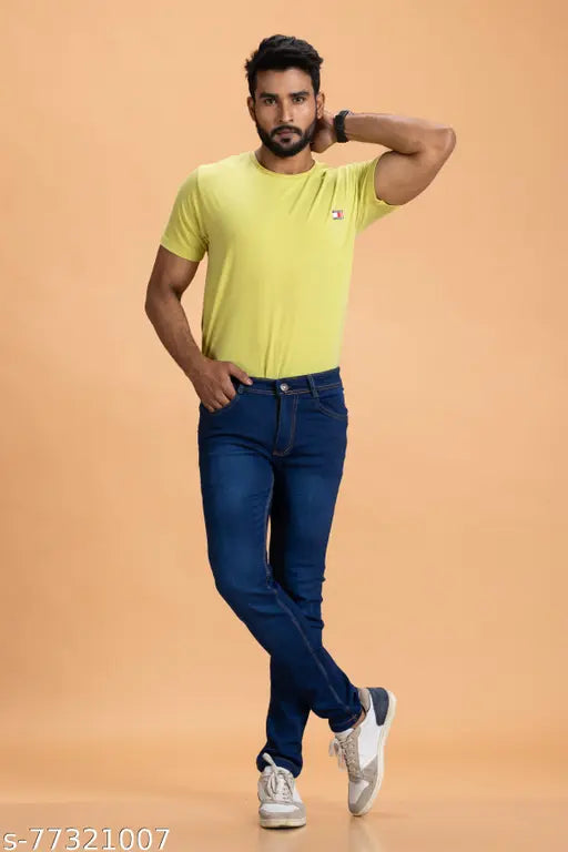 Dark blue denim men's jeans with stretchable fabric, durable and comfortable for casual, party, or office wear. Sizes available: 28, 30, 32, 34, 36, 38, 40, 42 (inseam length: 42 inches in all sizes) Made in India
