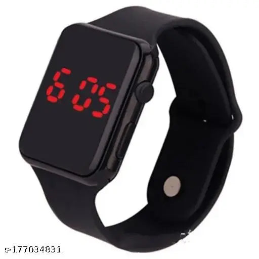 Black digital watch with red numbers, LED band, water resistance, 65 hours battery life