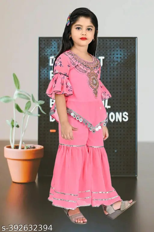 Cotton blend embellished sharara set for kids, pink anarkali kurta and sharara dress for girls with three-quarter sleeves, Indian fashion for 4-12 year olds