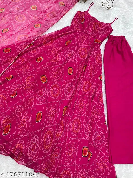Pure orange chiffon floral print Anarkali with dupatta set, lightweight chiffon bandhej fabric, ready-to-wear for Indian bridal wear
