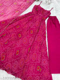 Pure orange chiffon floral print Anarkali with dupatta set, lightweight chiffon bandhej fabric, ready-to-wear for Indian bridal wear