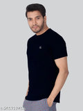 Navy blue cotton blend men's t-shirt, short sleeves, solid pattern, reinforced neck & logo, luxury Indian product