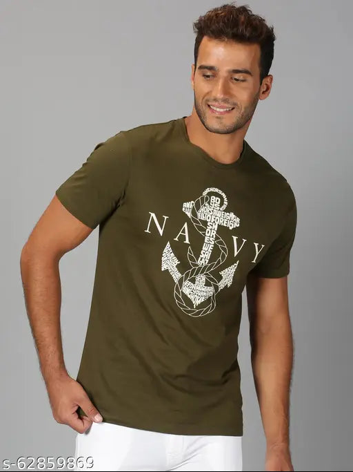 Cotton round olive T-shirt [size], latest men's printed short sleeve from UrGear, India