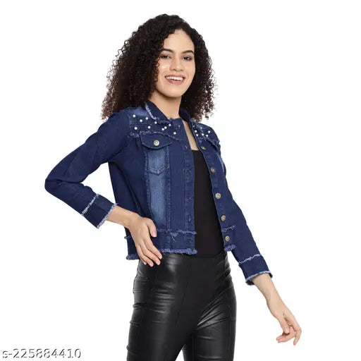 Denim women's jacket combo in long sleeves, solid pattern. Exclusive Indian-made winter wear with regular collar and closure button." (104 characters)