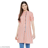 Orange and white striped cotton tunic for women, short sleeves, size N, made in India