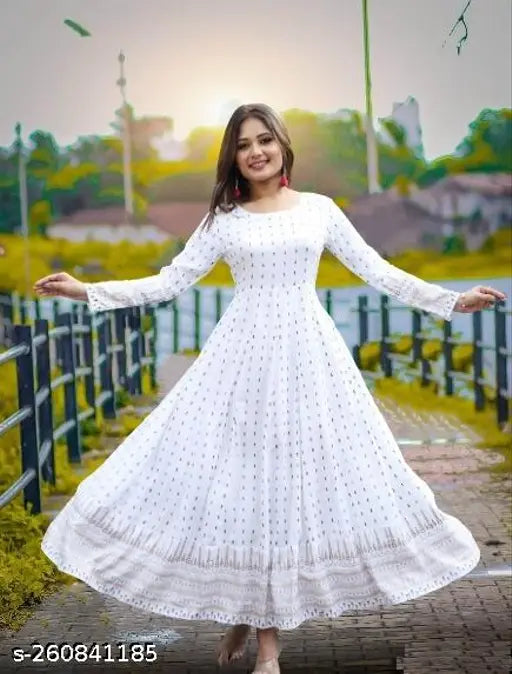 White rayon long-sleeved block-printed gown kurta with tassels and latkan, featuring a checked pattern and self-design net. Indian origin