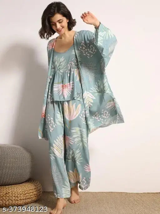 Women's viscose rayon leaves print sling wide leg pajamas set - cozy and comfortable nightwear for home