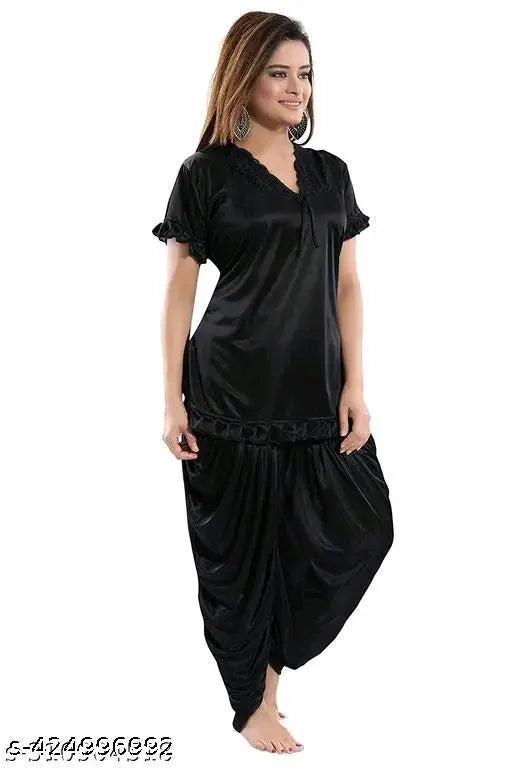 Satin night suit set for women: Patiala Dhoti Kurta, comfortable and stylish for sleepwear or special occasions, solid design, free size available