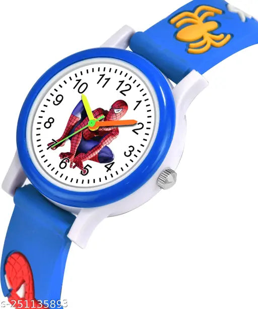 Children's design watch with a spiderman cartoon character, blue color