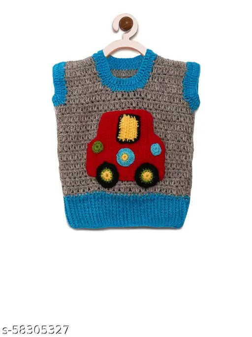 Hand-knitted woolen sleeveless sweater for kids, self-design net pattern, soft and itch-free yarn, Indian origin