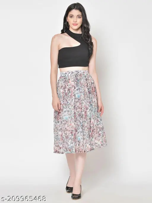 Multicolored chiffon flared midi skirt with printed net pattern and elasticated waistband, size 32 (waist 32in, length 28in)