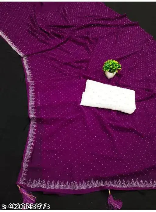 Purple Georgette embroidered saree, peace pattern design, white blouse