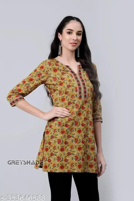 Rayon V-Neck Floral Printed Short Kurta for Women's & Girls, three-quarter sleeves, casual & office wear, Indian origin