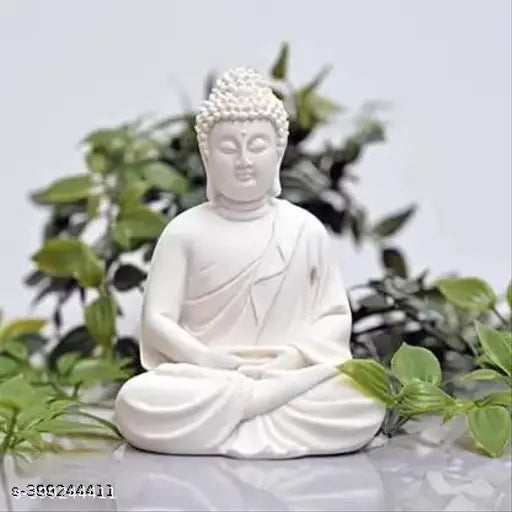 White premium rare Handcrafted Polymarble Meditation Buddha statue, 15 cm height, perfect for decorating desks or shelves. Made in India