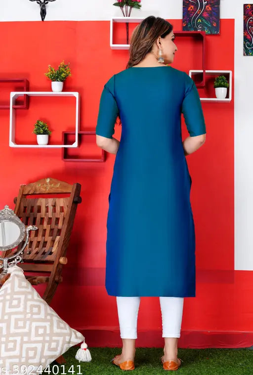 Green embroidered silk kurta for women, three-quarter sleeves, ALine Straight style from India