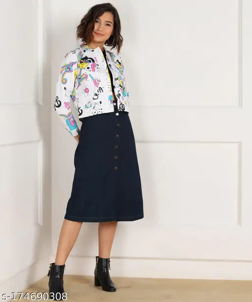 Cotton printed denim twill jacket, long sleeves, casual & partywear for women, India origin