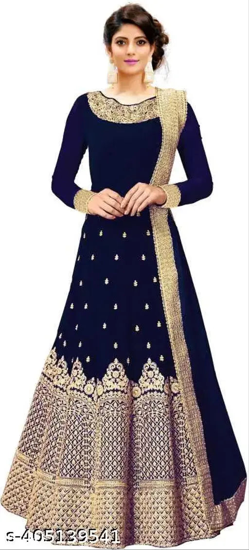Indian traditional silk embroidery gown with long sleeves, intricate patterns on free size (Bust: 42in, Length: 52in, Hip: 44in), perfect for wedding parties